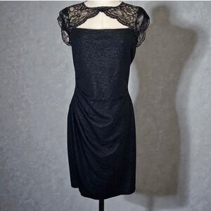 Kay Unger Ruched‎ Sheath Dress Black Shimmer Cap Sleeve Lace size 10